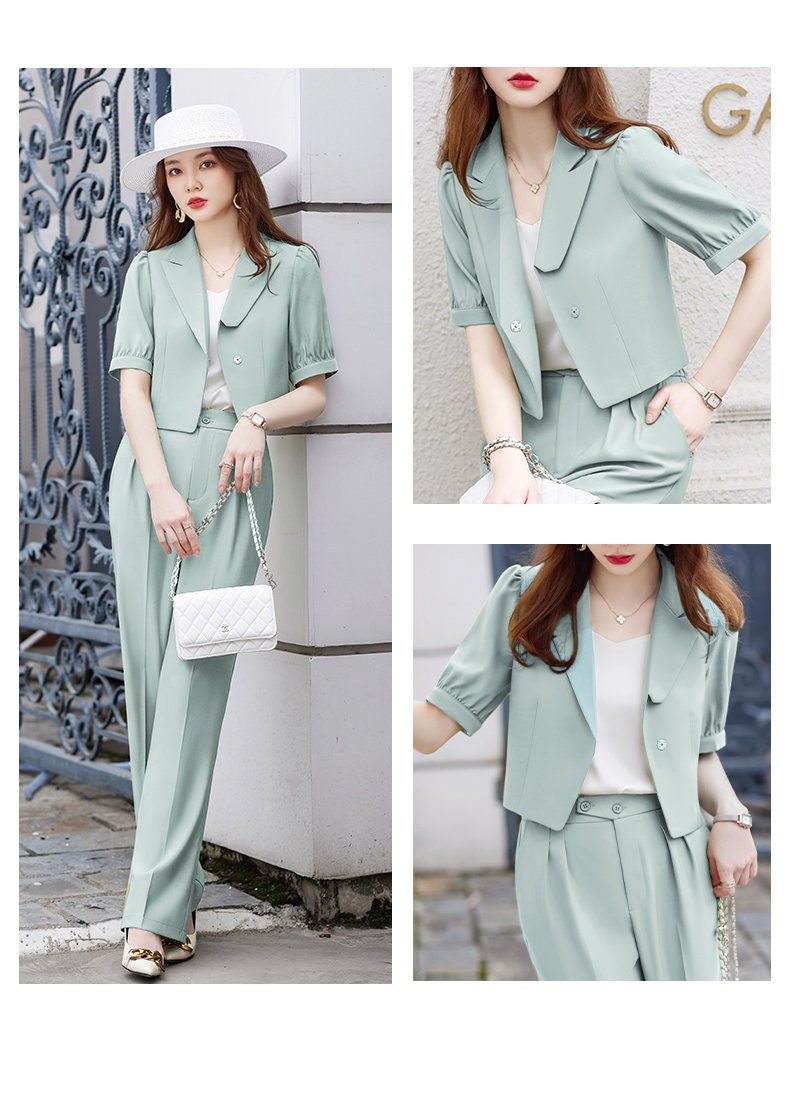 Women Summer Pastel Pantsuit in Extra Large Size, Designer Blazer & Pants Set Formal Event Office Suit Gift for her