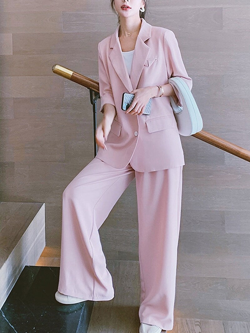 Women Summer Pink/ Black Pantsuit, Designer Blazer and Pants Set for Formal Event Office Work Minimalist Style Gift for her