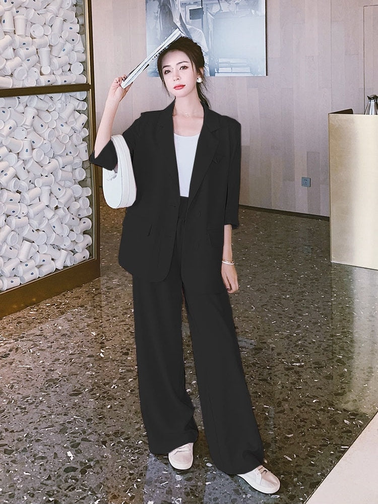 Women Summer Pink/ Black Pantsuit, Designer Blazer and Pants Set for Formal Event Office Work Minimalist Style Gift for her