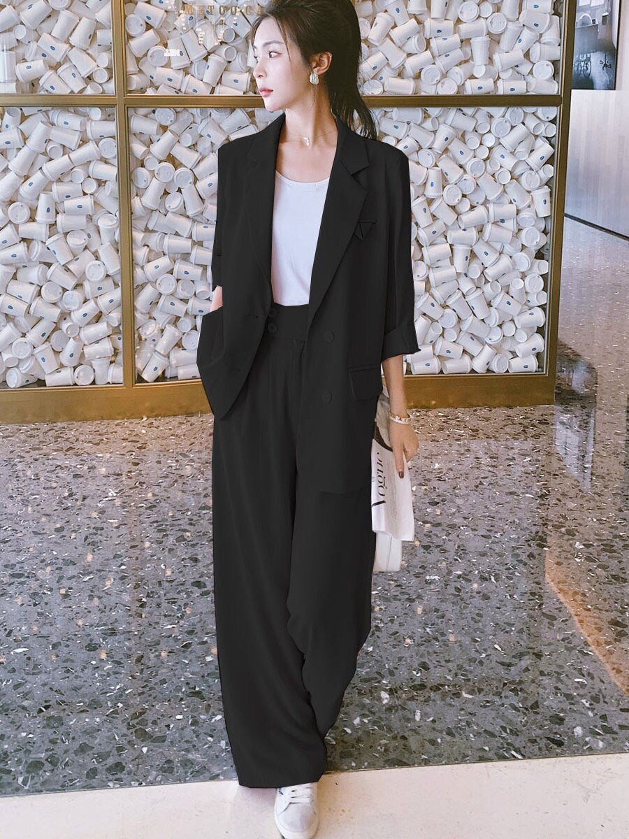 Women Summer Pink/ Black Pantsuit, Designer Blazer and Pants Set for Formal Event Office Work Minimalist Style Gift for her