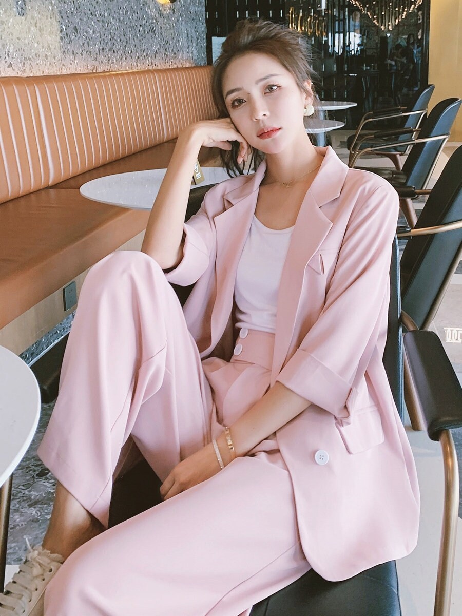 Women Summer Pink/ Black Pantsuit, Designer Blazer and Pants Set for Formal Event Office Work Minimalist Style Gift for her