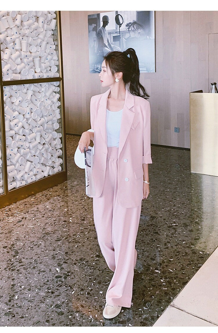 Women Summer Pink/ Black Pantsuit, Designer Blazer and Pants Set for Formal Event Office Work Minimalist Style Gift for her