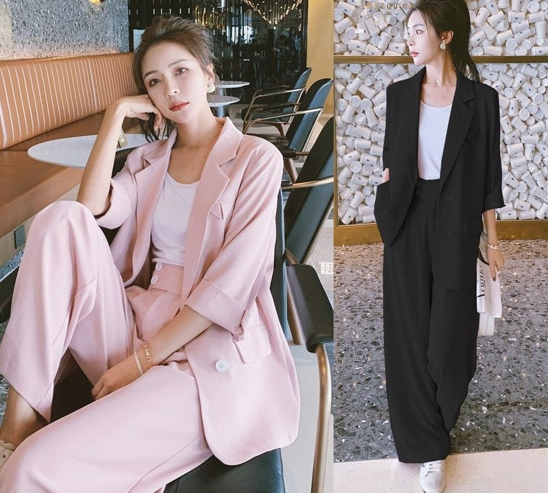 Women Summer Pink/ Black Pantsuit, Designer Blazer and Pants Set for Formal Event Office Work Minimalist Style Gift for her