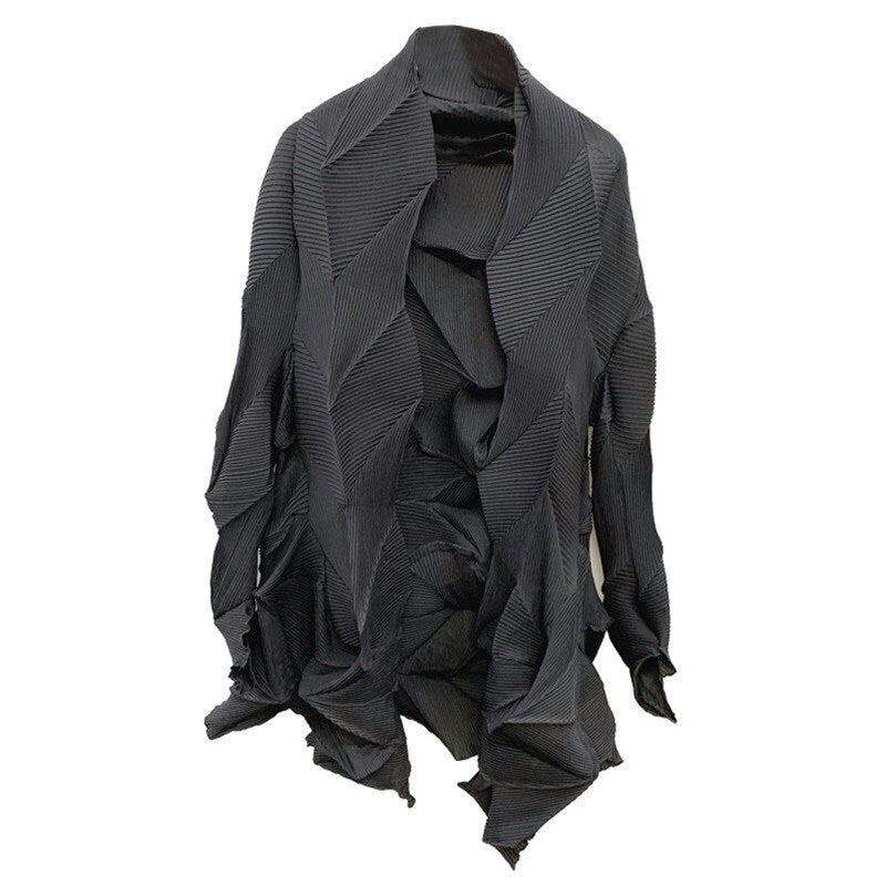 Gray/Black/Yellow Crinkle Pleat Jacket, Women Designer Coat in Dimaond Wrinkle Casual Look for Office Party Event Gift