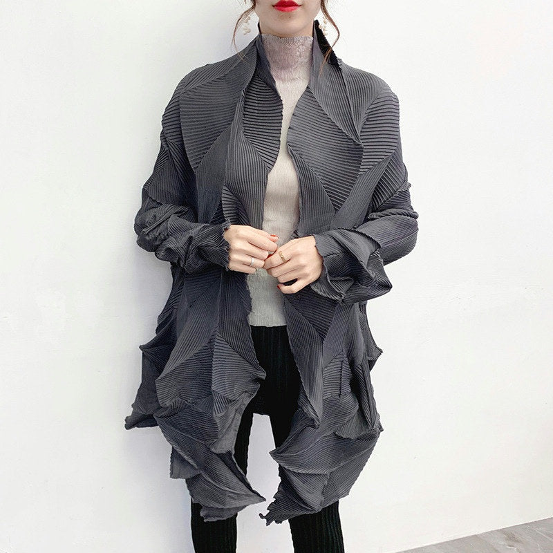 Gray/Black/Yellow Crinkle Pleat Jacket, Women Designer Coat in Dimaond Wrinkle Casual Look for Office Party Event Gift