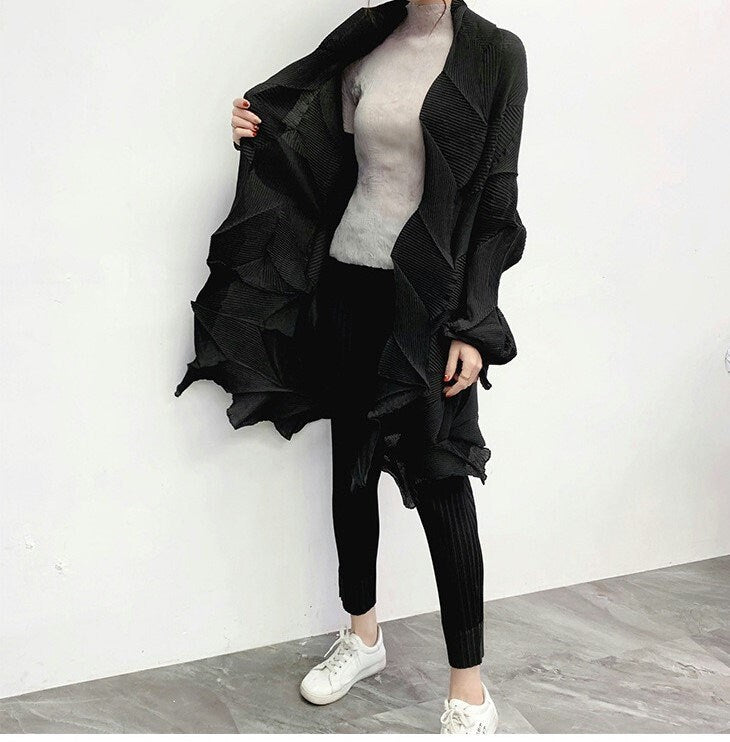 Gray/Black/Yellow Crinkle Pleat Jacket, Women Designer Coat in Dimaond Wrinkle Casual Look for Office Party Event Gift