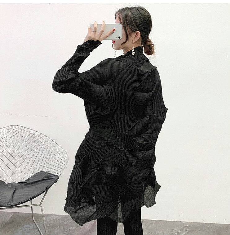 Gray/Black/Yellow Crinkle Pleat Jacket, Women Designer Coat in Dimaond Wrinkle Casual Look for Office Party Event Gift