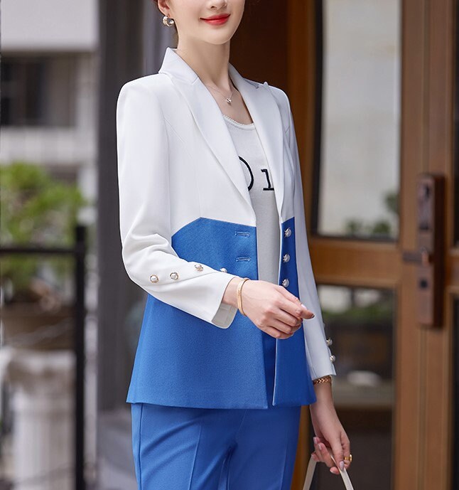 Patchwork Slim Cut Summer Pantsuit, Designer Women Blue/ Pink Blazer & Pants Set Minimalist Cool Style for Formal Event Party Wedding Office