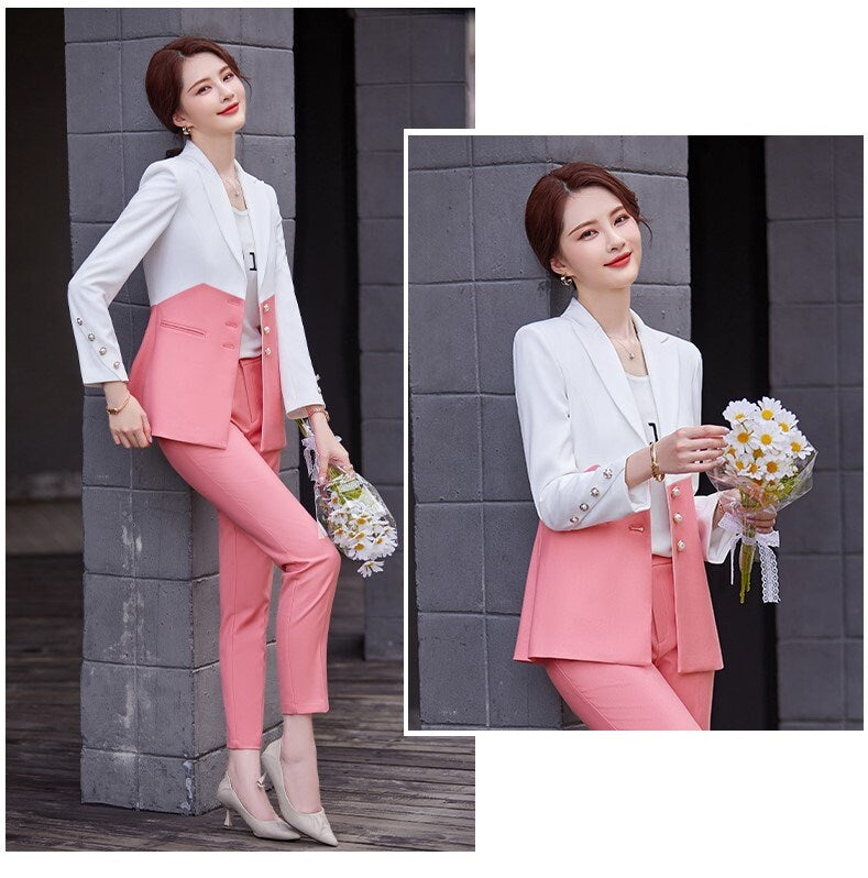 Patchwork Slim Cut Summer Pantsuit, Designer Women Blue/ Pink Blazer & Pants Set Minimalist Cool Style for Formal Event Party Wedding Office