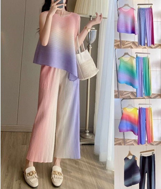 Gradient Colored Pleat Top & Pants Set, Designer Woman Rainbow One Size Loose Fit Vest Clothes Set Casual Outdoor Party Wedding Summer