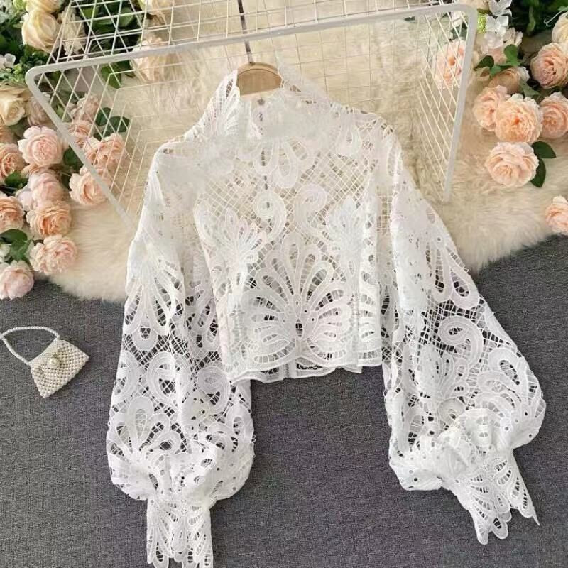 Lace Pattern Blouse, Designer Woman Slim Cut Sleeve See Through Pull Over Top Party Event Wedding Beach Gift