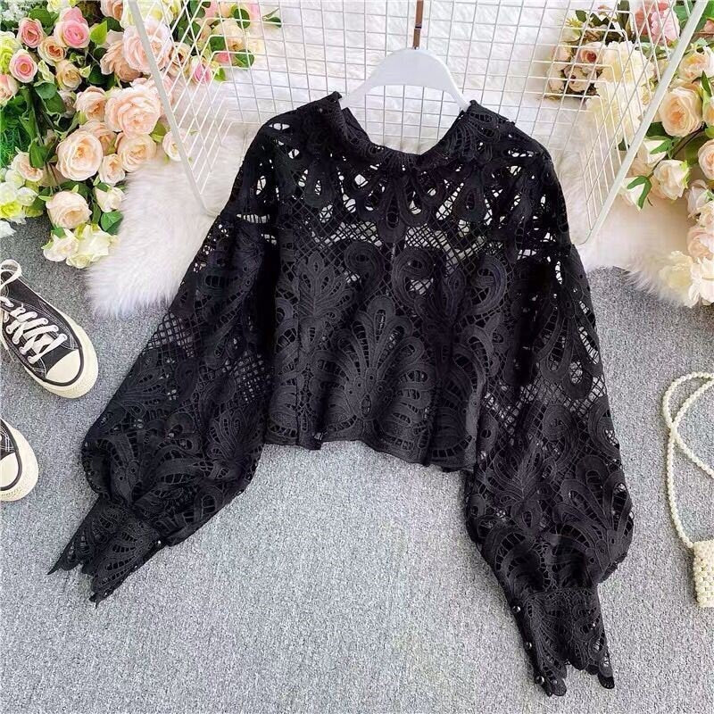 Lace Pattern Blouse, Designer Woman Slim Cut Sleeve See Through Pull Over Top Party Event Wedding Beach Gift