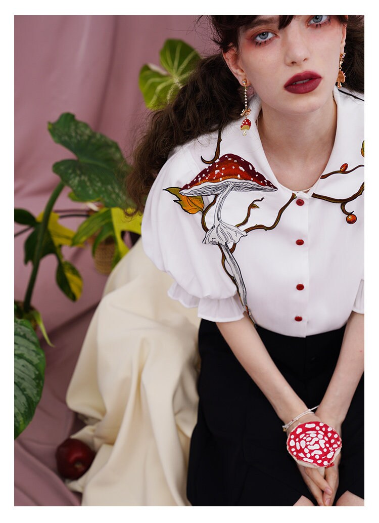 Artistic Woman Blouse Embroidery Forest Puffy Sleeves Summer Button Shirt Magical Fairy Party Wedding Event Office Outdoors Casual IG KOL