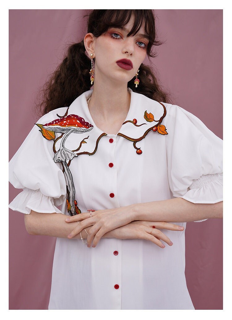 Artistic Woman Blouse Embroidery Forest Puffy Sleeves Summer Button Shirt Magical Fairy Party Wedding Event Office Outdoors Casual IG KOL