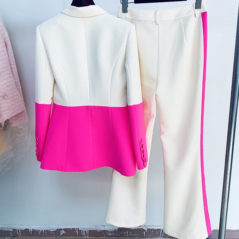 Yellow + Hot Pink Colored Women Pantsuit Colour-Blocked Blazer + Flare Trousers Suit Formal Smart Casual Event Party Gift