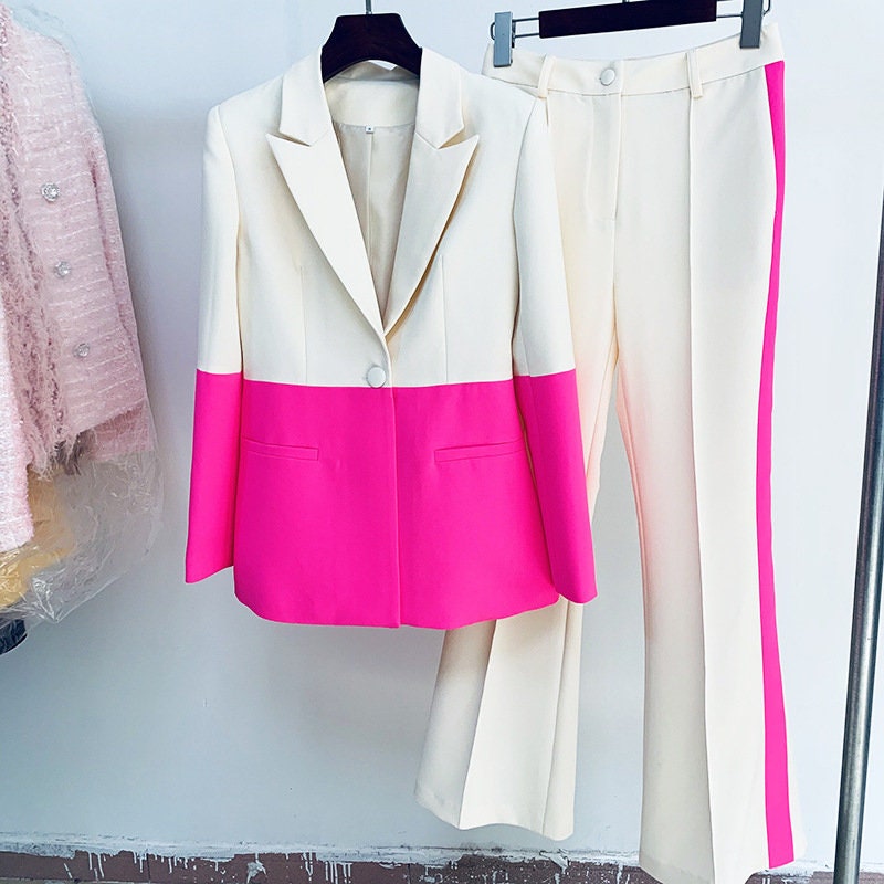 Yellow + Hot Pink Colored Women Pantsuit Colour-Blocked Blazer + Flare Trousers Suit Formal Smart Casual Event Party Gift