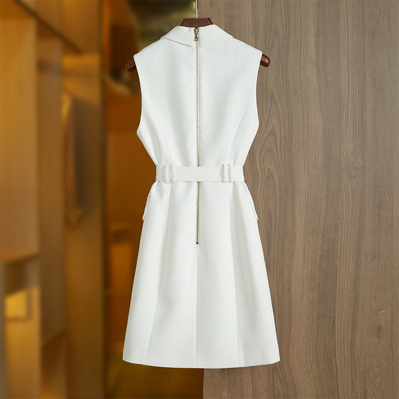 Women's Sleeveless Belted Golden Button White Designer Mini Dress Black White 2 Colours Smart Casual Formal Event Party Wedding Gift KOL