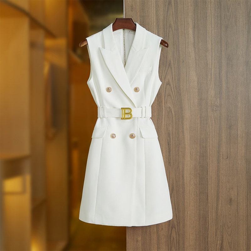 Women's Sleeveless Belted Golden Button White Designer Mini Dress Black White 2 Colours Smart Casual Formal Event Party Wedding Gift KOL