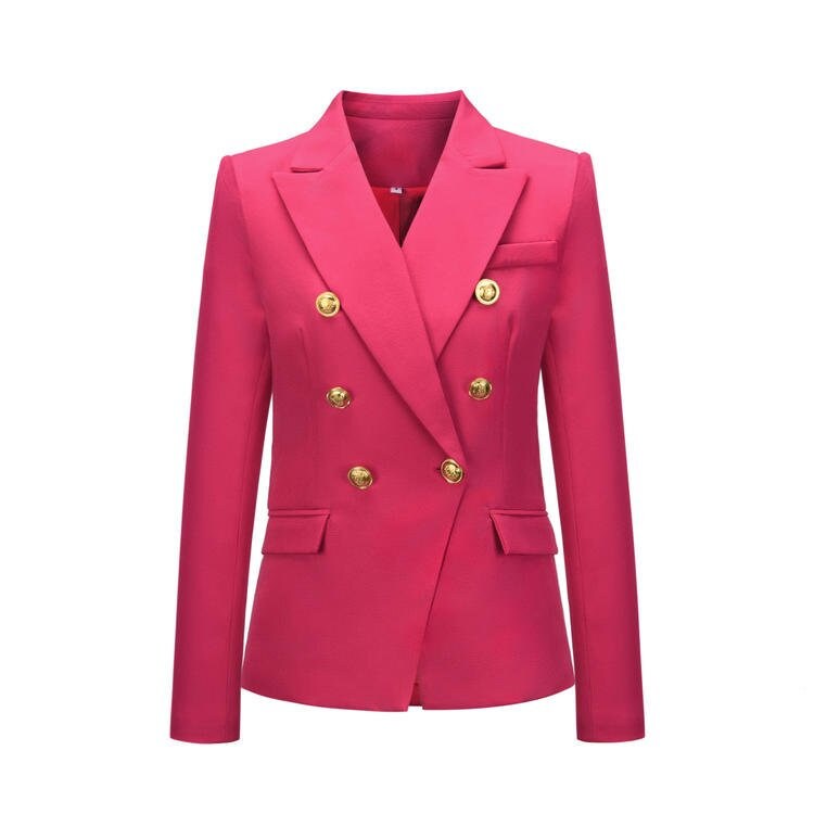 Designer Women's Fitted Golden Buttons Blazer Neon Hot Pink Smart Casual Formal Office Wedding Party Event Gift