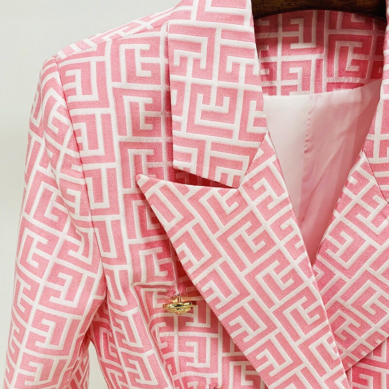 Designer Women's Golden Lion Buttons Maze Pattern Fitted Blazer Jacket Pink Smart Casual Formal Office Wedding Event Party KOL IG Gift