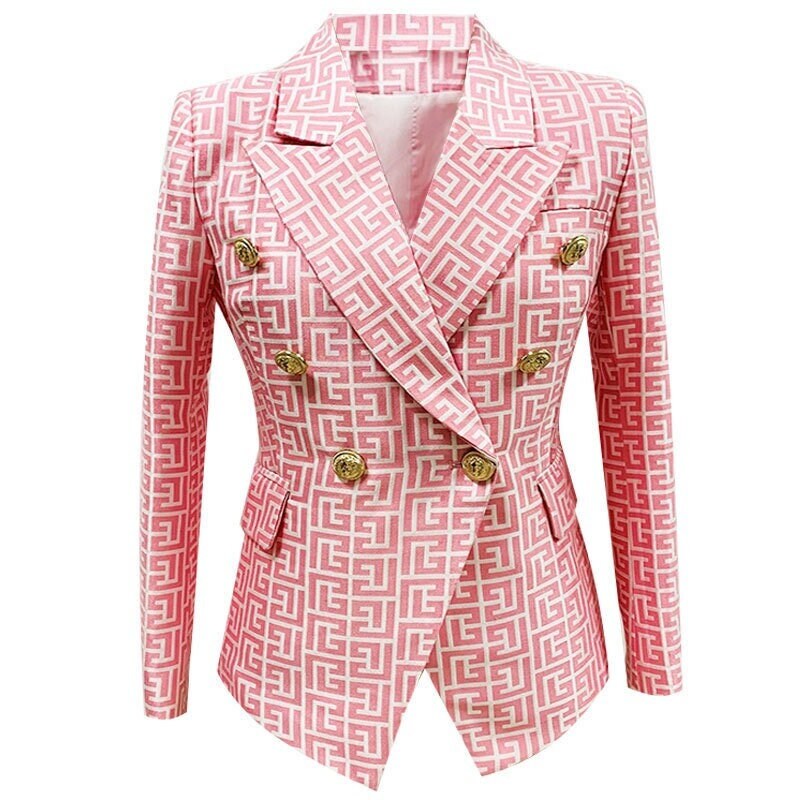 Designer Women's Golden Lion Buttons Maze Pattern Fitted Blazer Jacket Pink Smart Casual Formal Office Wedding Event Party KOL IG Gift