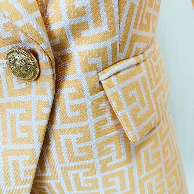 Women's Golden Lion Buttons Maze Pattern Fitted Blazer Jacket Blue Yellow Event Party Office Work Wedding KOL IG Gift