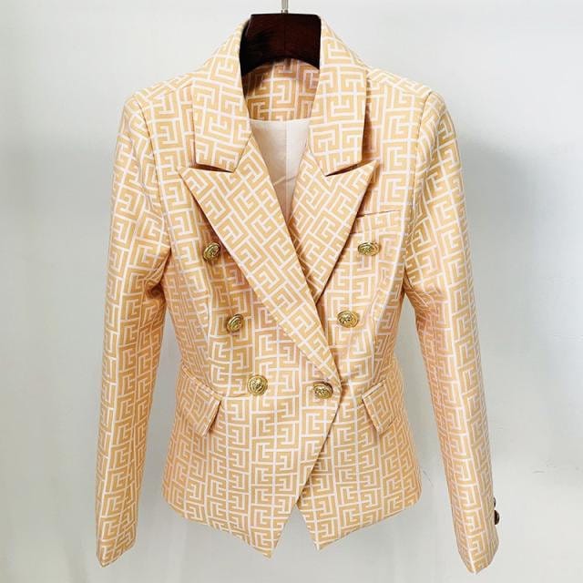 Women's Golden Lion Buttons Maze Pattern Fitted Blazer Jacket Blue Yellow Event Party Office Work Wedding KOL IG Gift