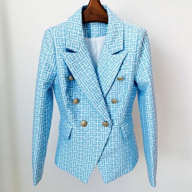 Women's Golden Lion Buttons Maze Pattern Fitted Blazer Jacket Blue Yellow Event Party Office Work Wedding KOL IG Gift