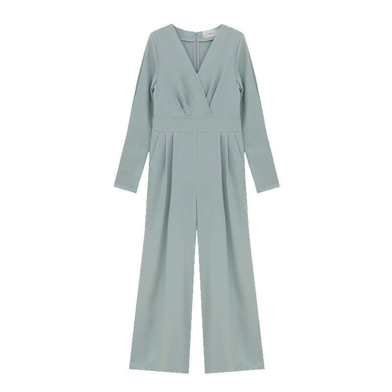 Women Pale Green Jumpsuit with Belt, High Quality Solid Color Overalls Wide Legs Long Sleeves Rompers Formal Smart Casual