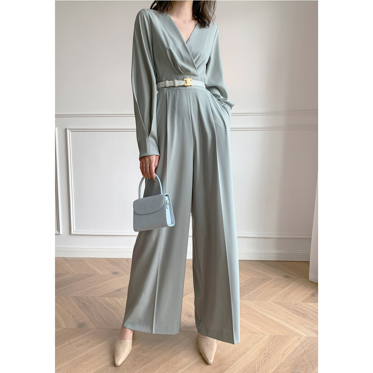 Women Pale Green Jumpsuit with Belt, High Quality Solid Color Overalls Wide Legs Long Sleeves Rompers Formal Smart Casual