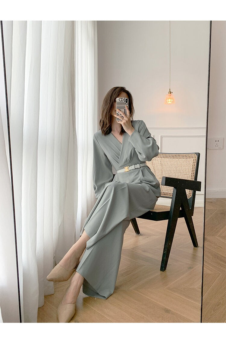 Women Pale Green Jumpsuit with Belt, High Quality Solid Color Overalls Wide Legs Long Sleeves Rompers Formal Smart Casual