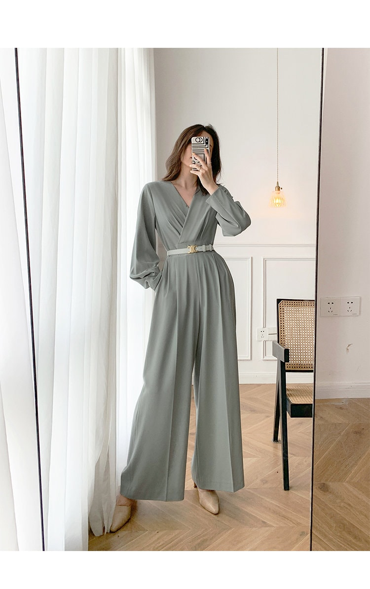 Women Pale Green Jumpsuit with Belt, High Quality Solid Color Overalls Wide Legs Long Sleeves Rompers Formal Smart Casual