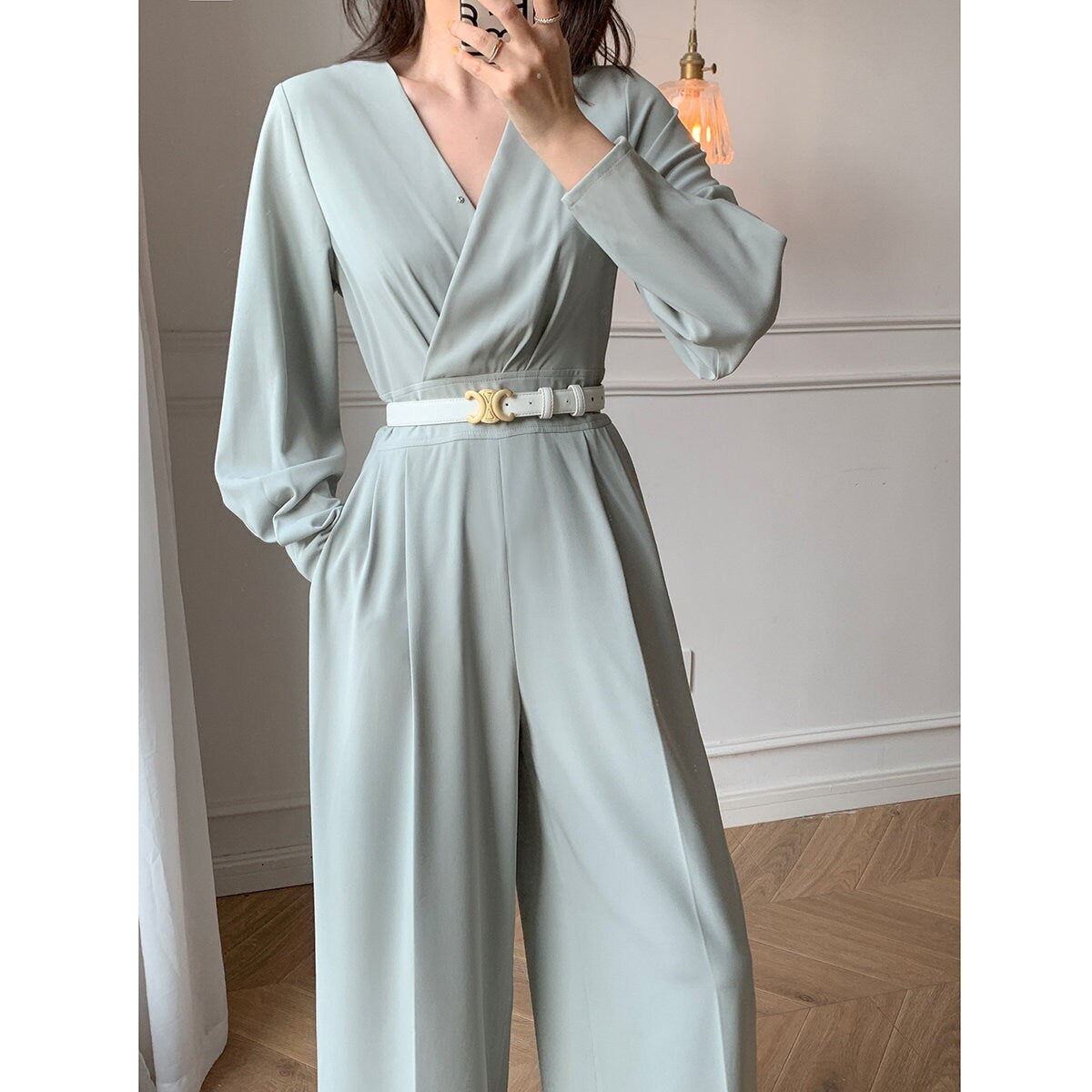 Women Pale Green Jumpsuit with Belt, High Quality Solid Color Overalls Wide Legs Long Sleeves Rompers Formal Smart Casual