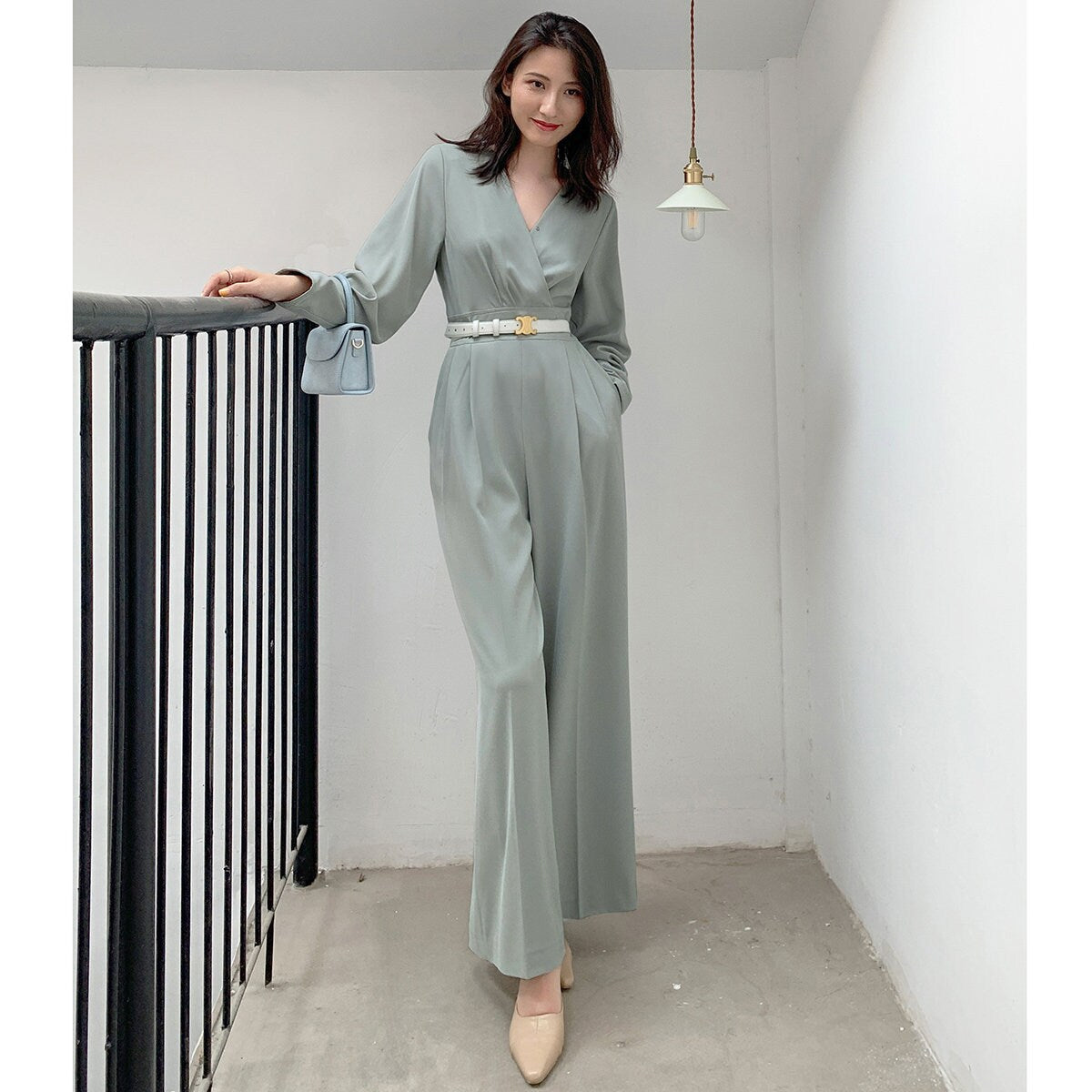 Women Pale Green Jumpsuit with Belt, High Quality Solid Color Overalls Wide Legs Long Sleeves Rompers Formal Smart Casual