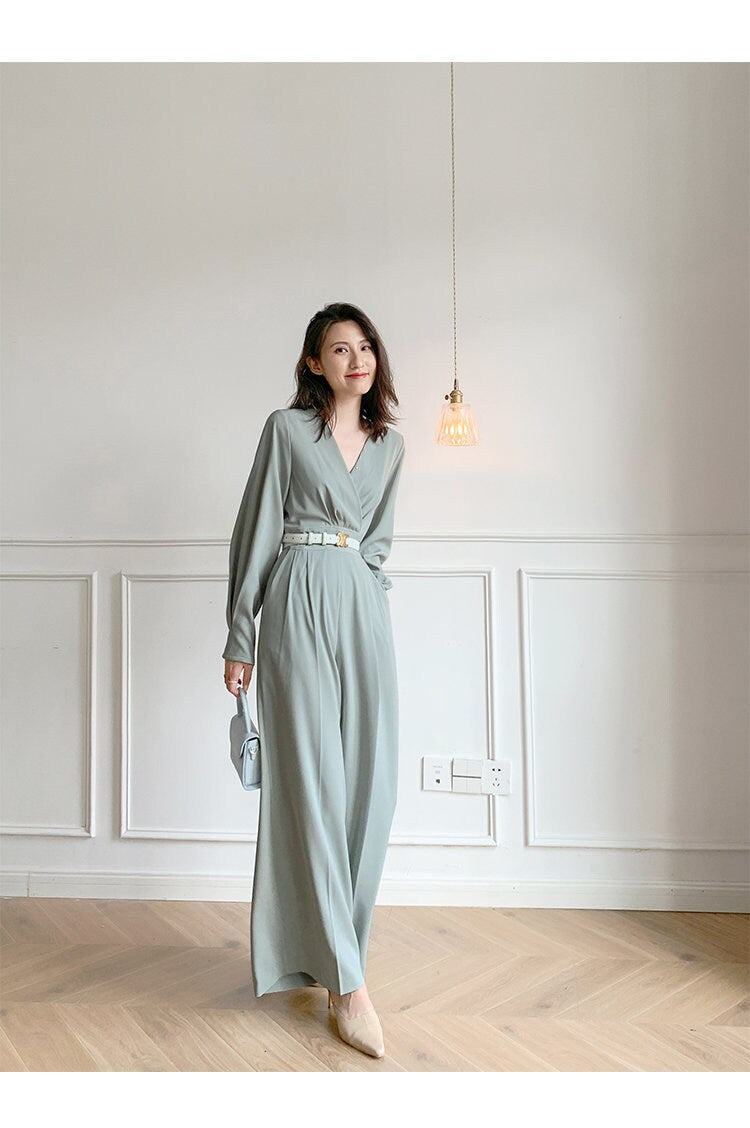 Women Pale Green Jumpsuit with Belt, High Quality Solid Color Overalls Wide Legs Long Sleeves Rompers Formal Smart Casual