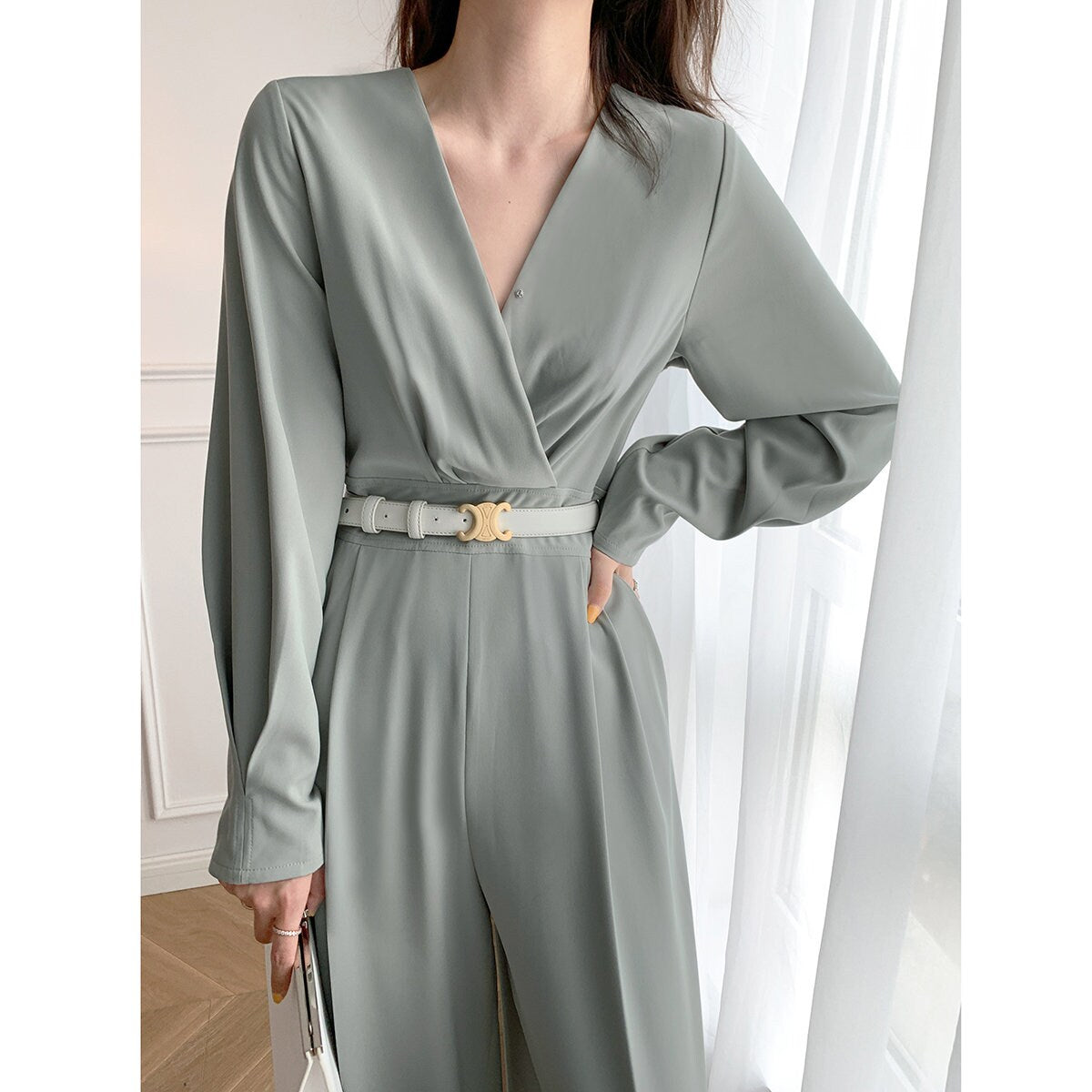 Women Pale Green Jumpsuit with Belt, High Quality Solid Color Overalls Wide Legs Long Sleeves Rompers Formal Smart Casual