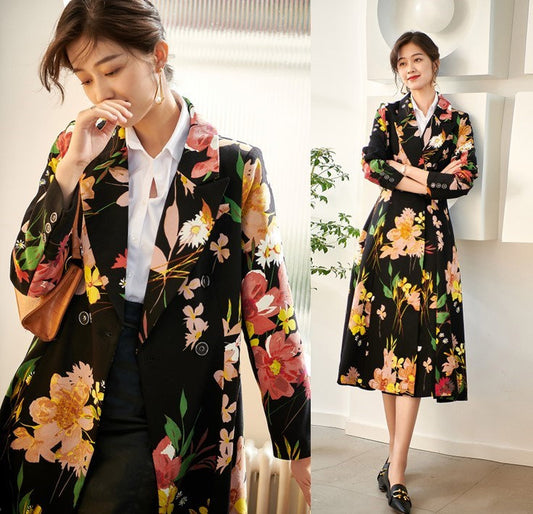 Colorful Floral Pattern Trench Coat, Designer Woman Long Raincoat Elegant Outdoors Event Party Birthday Wedding Gift