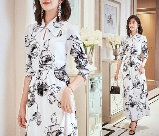 Designer Woman One Piece Dress Black & White Floral Pattern Print Long Dress Smart Casual Formal Wedding Party Event KOL