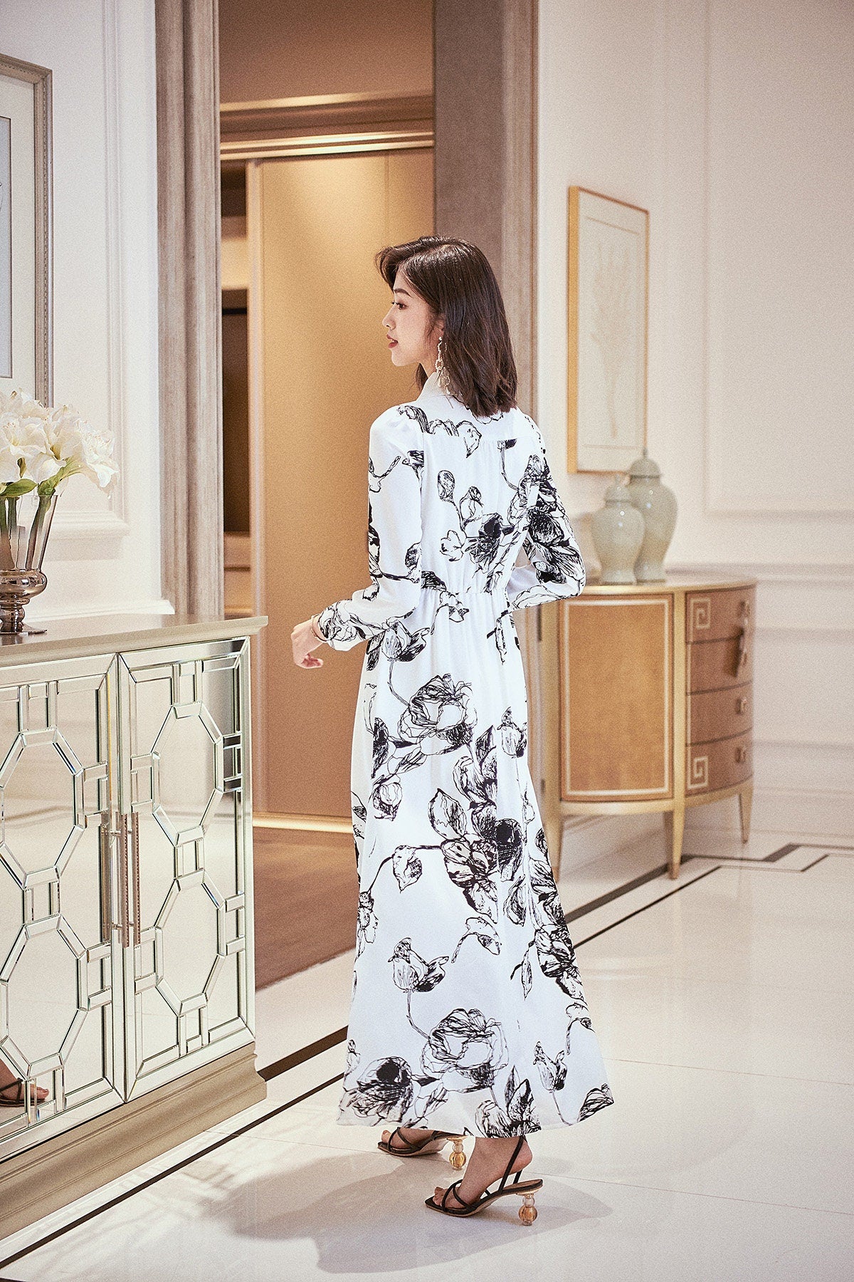 Designer Woman One Piece Dress Black & White Floral Pattern Print Long Dress Smart Casual Formal Wedding Party Event KOL