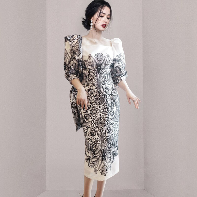 Women abstract floral print dress puffy sleeves, Designer Boho Maxi long dress smart casual formal prom wedding event party gift for her