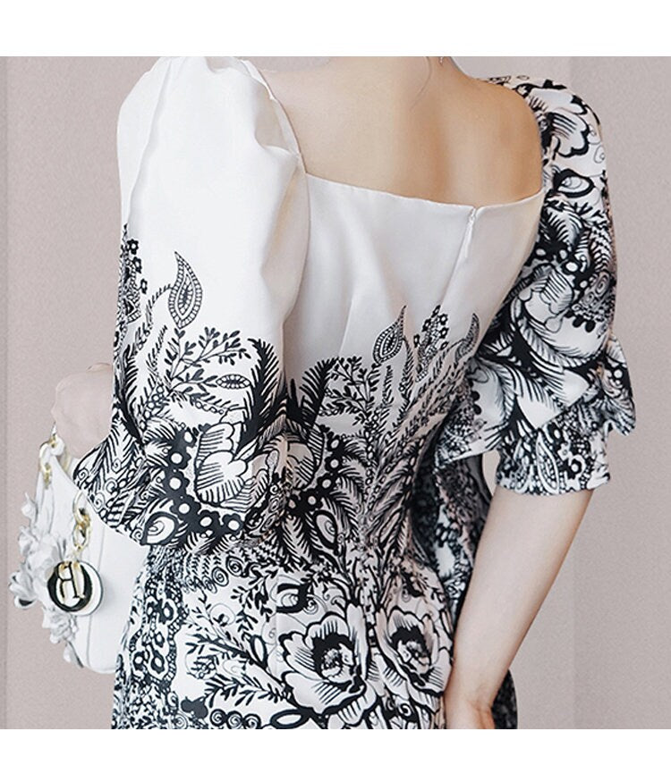 Women abstract floral print dress puffy sleeves, Designer Boho Maxi long dress smart casual formal prom wedding event party gift for her