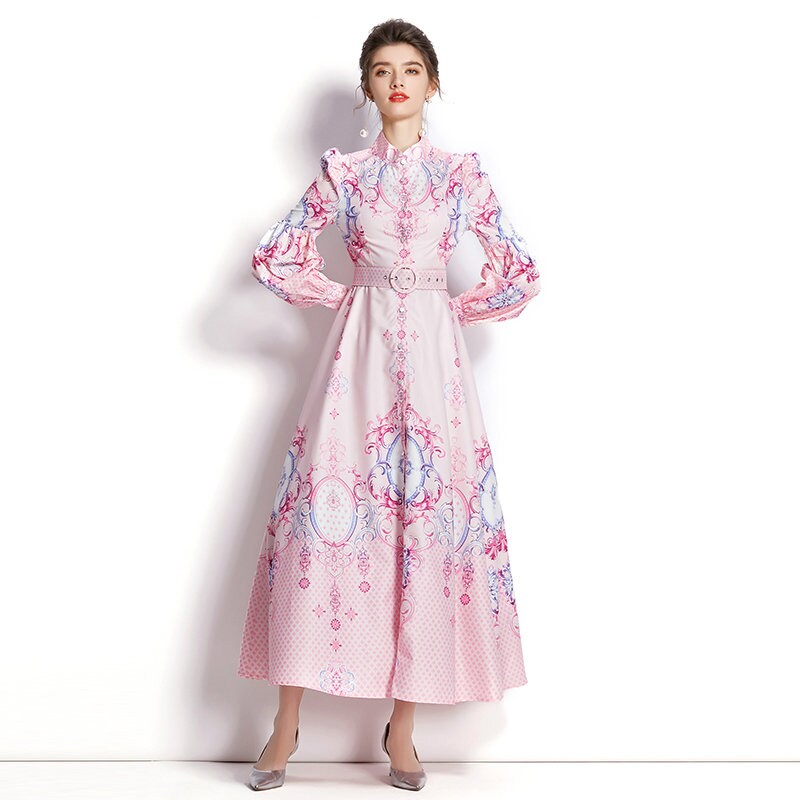 Women abstract floral print dress puffy sleeves, Designer Boho Maxi long pink dress casual prom wedding event beach party gift for her