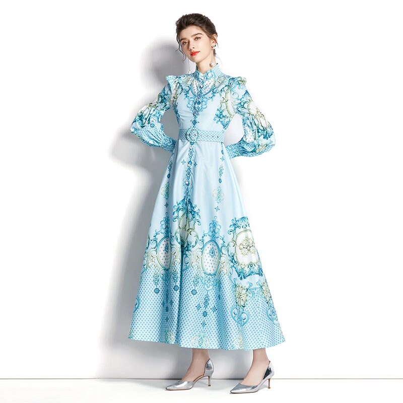 Women abstract floral print dress puffy sleeves, Designer Boho Maxi long pastel blue dress smart casual prom wedding beach party gift