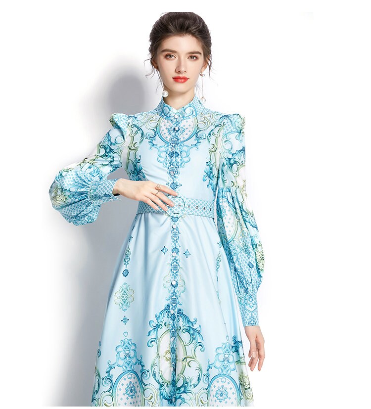 Women abstract floral print dress puffy sleeves, Designer Boho Maxi long pastel blue dress smart casual prom wedding beach party gift