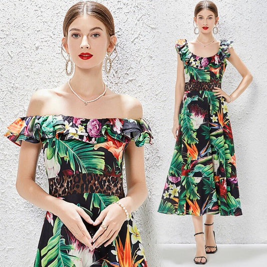 Women floral print dress cold shoulder slim cut, Designer Boho Maxi long dress prom wedding ball cocktail evening corset dress