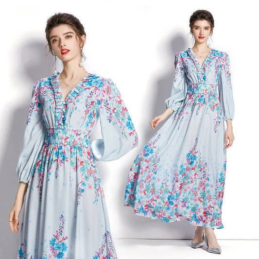 Women pastel blue long dress, Designer Boho Maxi one piece floral pattern dress prom wedding ball cocktail evening corset gift for her