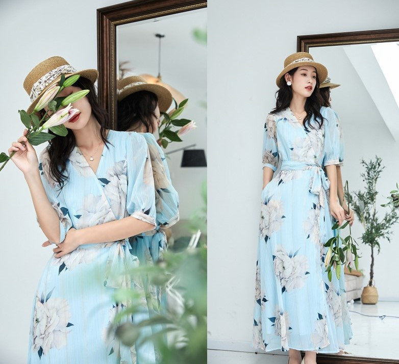 Blue Chiffon Summer One Piece Dress, Designer Woman Elegant V-neck short sleeved Dress Casual Event Party Prom Beach Gift for her