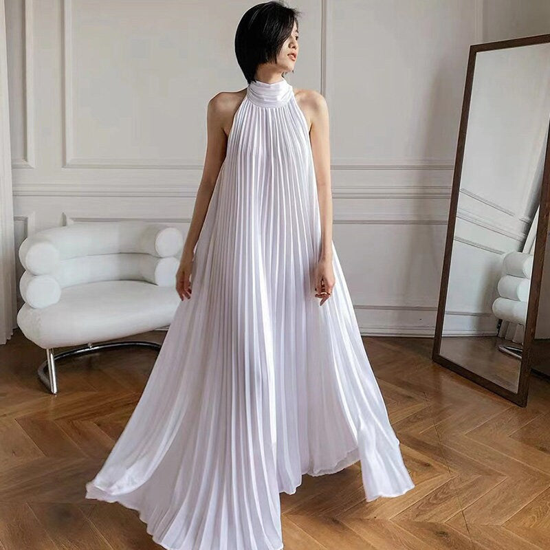 Designer white pleated dress, women one-piece angel dress for casual formal prom party event gift