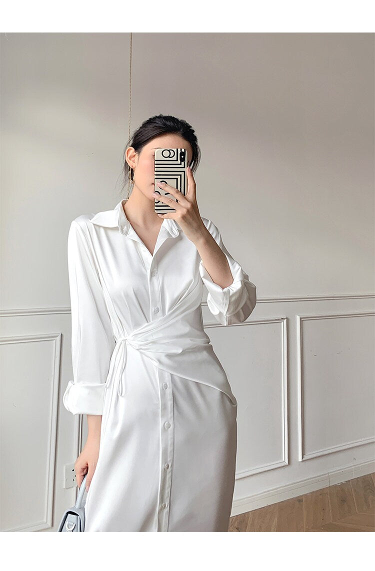 Women White Shirtdress Vintage Classic Designer Style One peice Dress Party Event Prom KOL IG gift