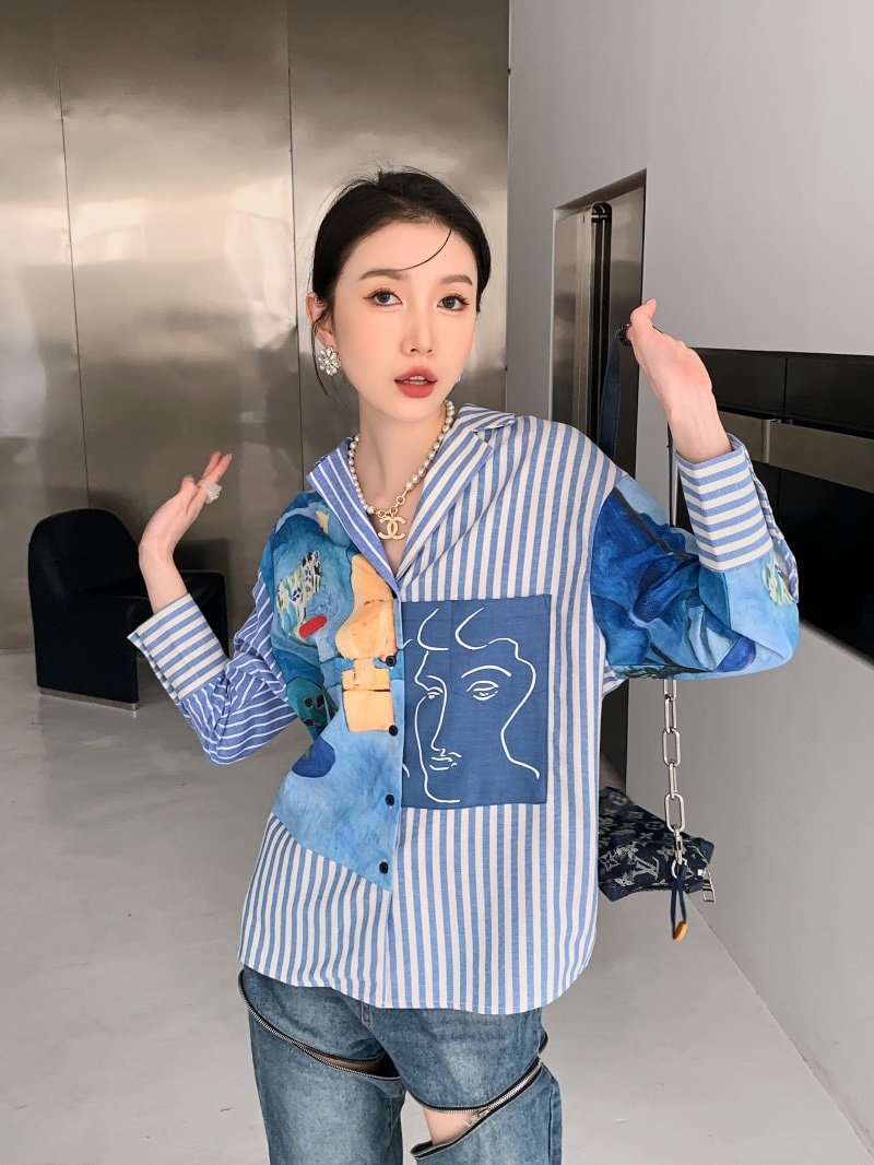 Art painting patchwork blouse, designer woman classic art print sleeve collar shirt loose fit formal smart casual wedding party office gift